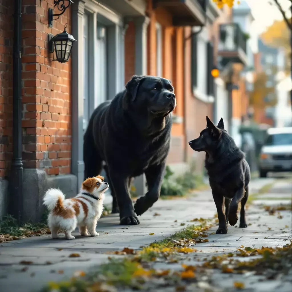 Bing encounters a large, calm dog coming around the corner, its stature imposing.