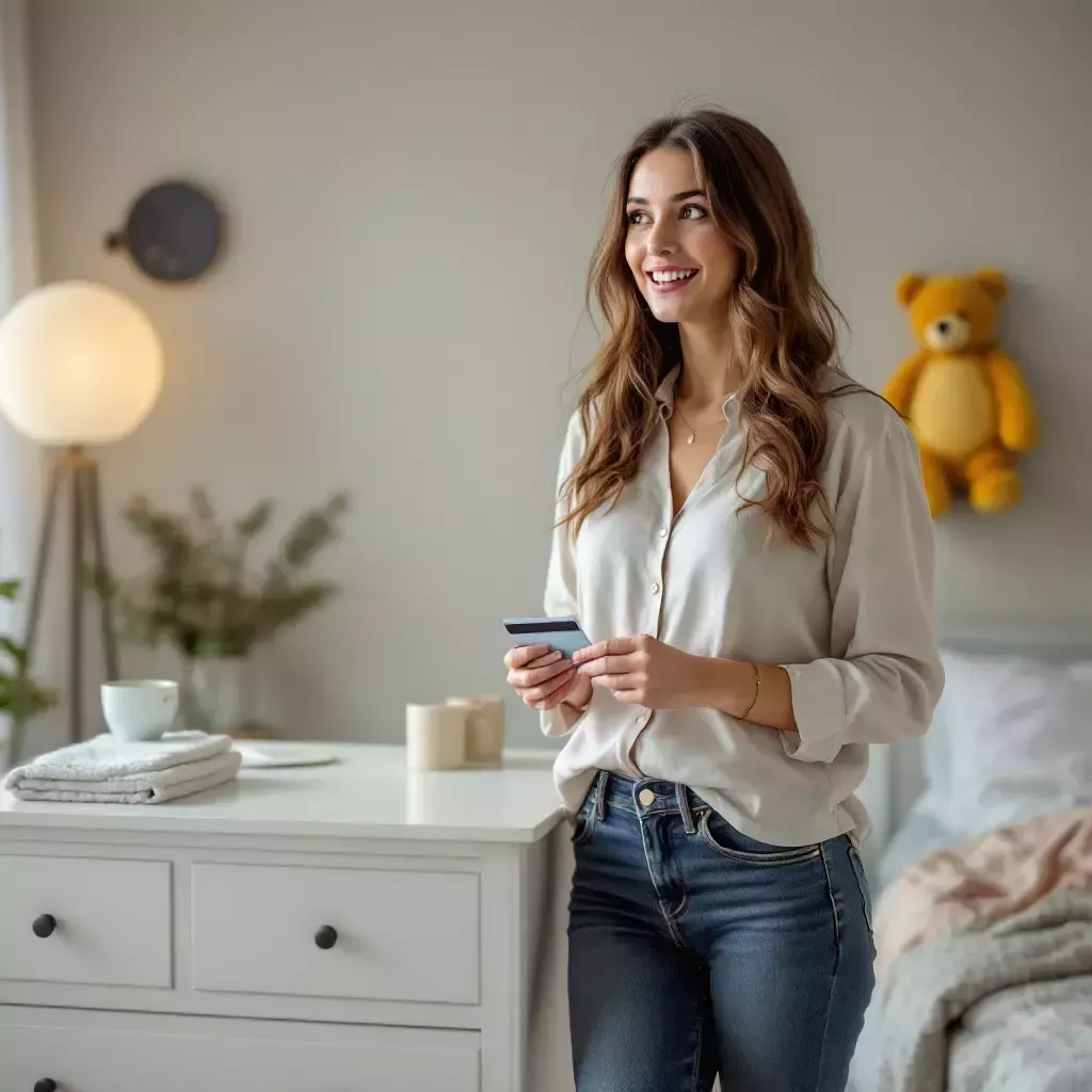 Mommy is in a spotless bedroom holding a credit card standing next to a clean dresser. She looks surprised and slightly amused.
