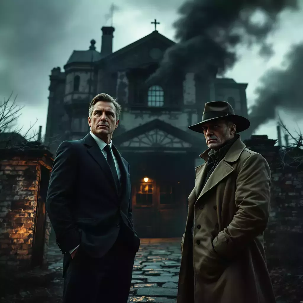 John and a detective stand outside a mysterious warehouse, preparing to investigate.