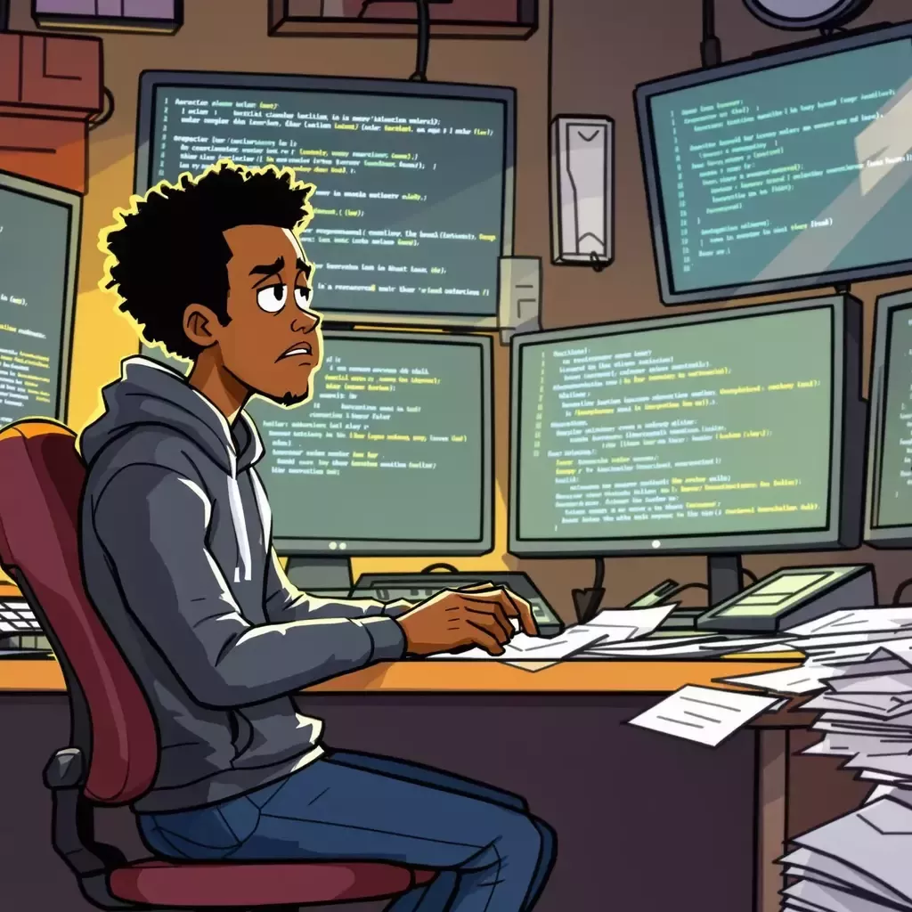 A young black developer, Jamal, sitting at his cluttered desk surrounded by monitors displaying lines of code. He looks stressed and tired, with a stack of rejection letters piled beside him.