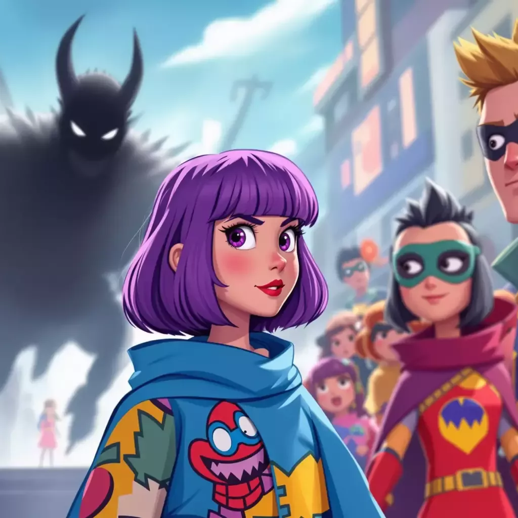 The daughter and her fellow K-Pop Demon Hunters are on alert as they move through the crowd, keeping an eye out for any signs of trouble. A mysterious shadow is lurking in the background, barely noticeable to the untrained eye. They wear child-friendly costumes that resemble superhero outfits with fun, bright colors.