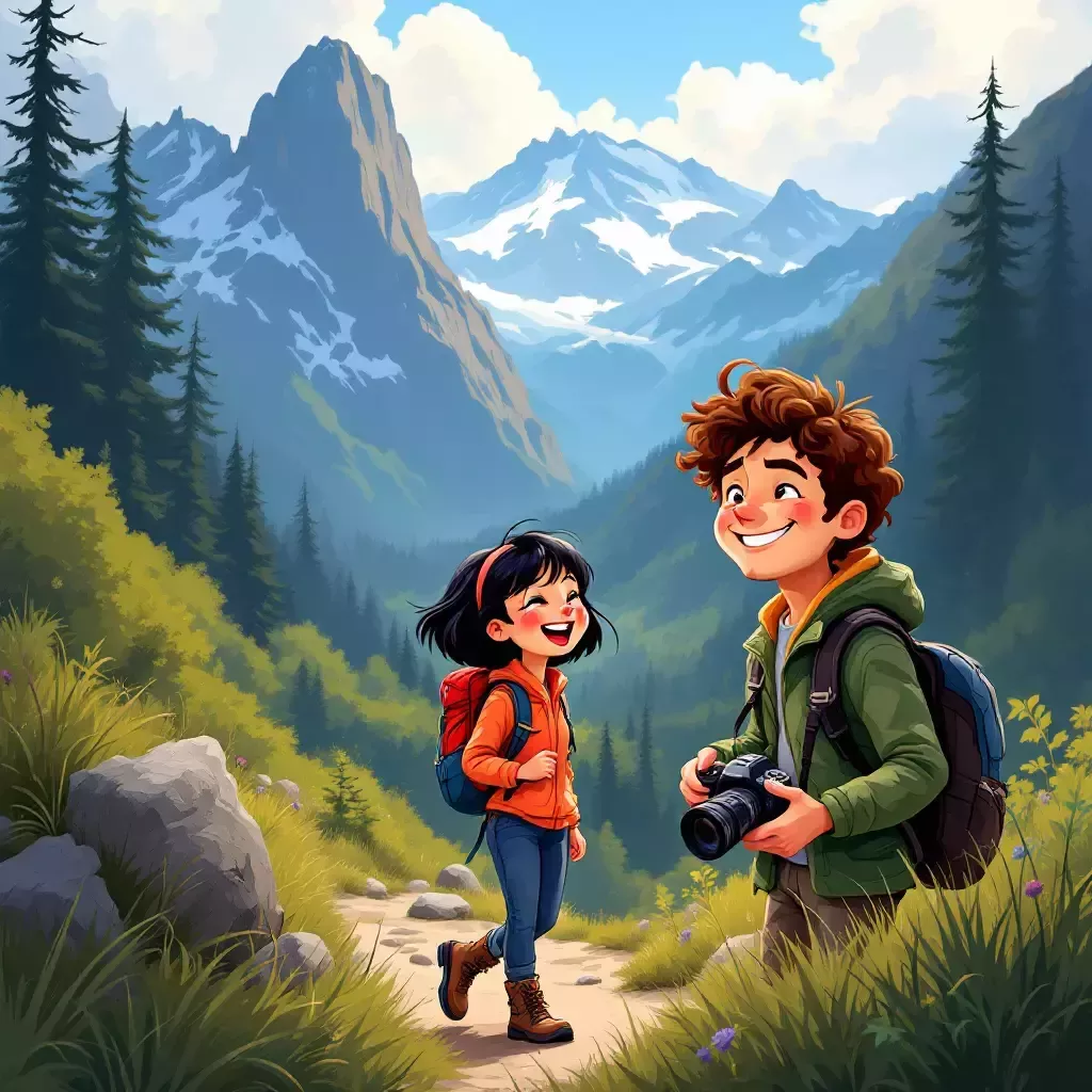 In the final frame, the tourists are back at the bottom of the mountain, exhausted but happy, with souvenirs in hand. They laugh about their adventure, planning their next trip.