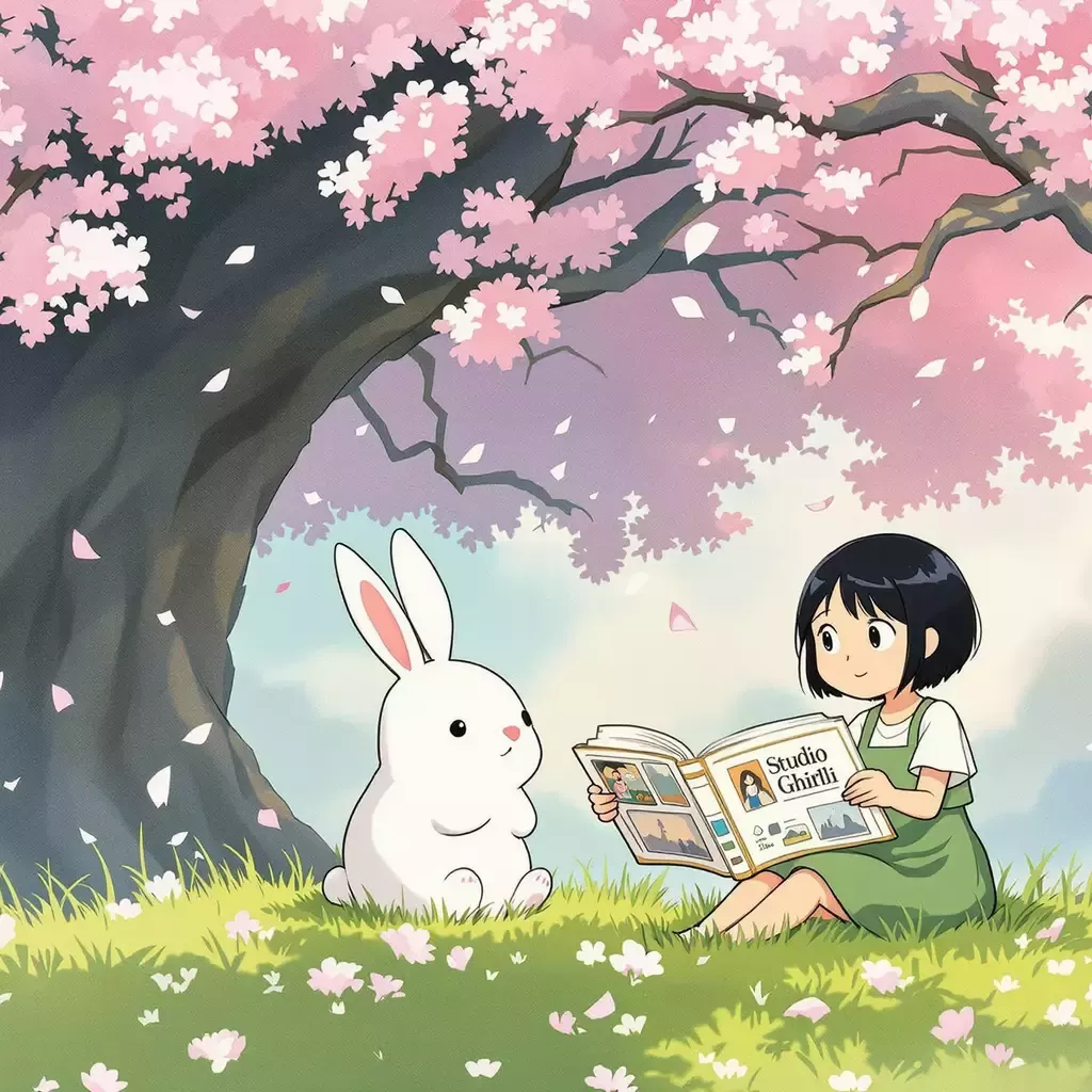 Minaro and Uki are now outside, sitting on a grassy hill under a large cherry blossom tree, petals falling around them like a gentle rain. Uki is showing Minaro a book filled with Studio Ghibli illustrations.