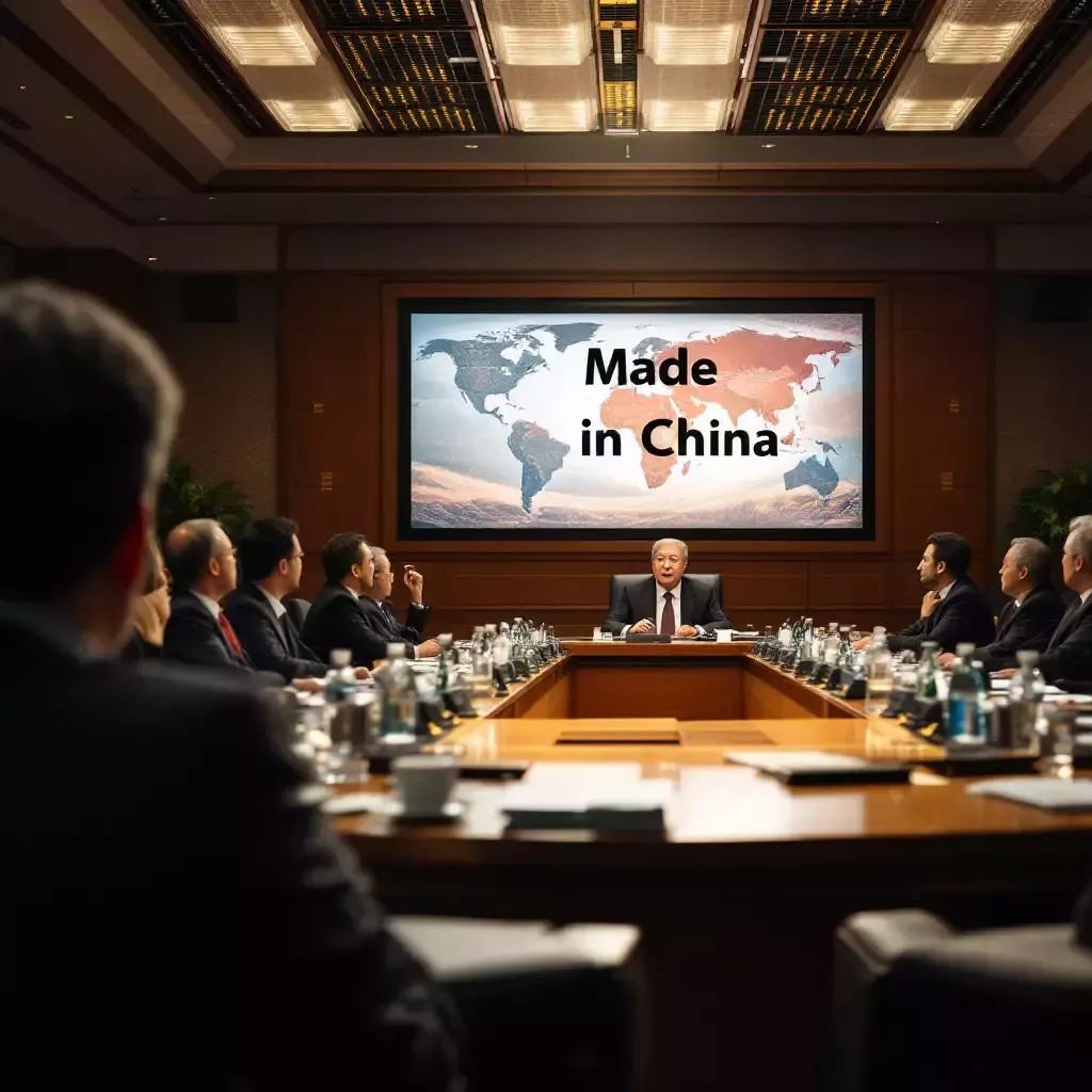 A global conference room with world leaders looking at a screen showing the 'Made in China' label.