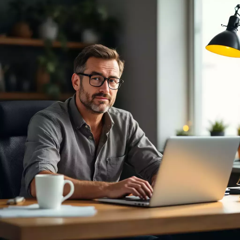 An office desk with a laptop, coffee mug, and a man sitting in front of it.