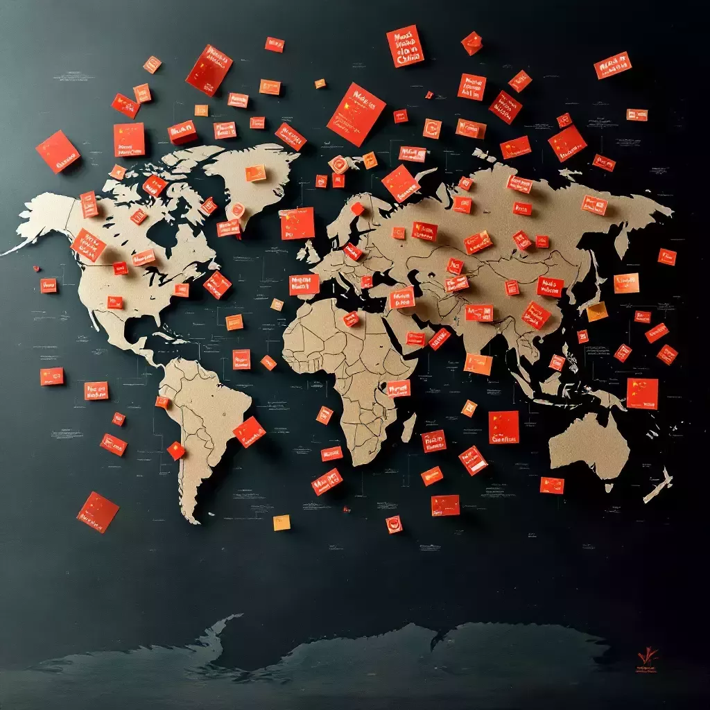 A world map showing 'Made in China' labels spreading while leaders brainstorm complex ideas.