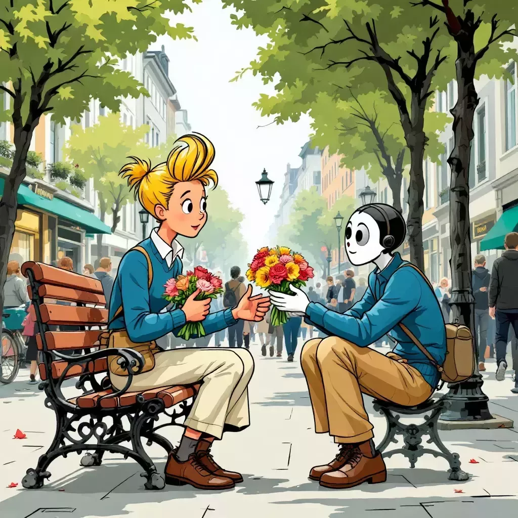 Tintin sits on a bench, contemplating. A mime woman, petite and lively, approaches with an invisible bouquet of flowers, offering it to her with a smile. The busy street continues in the background.