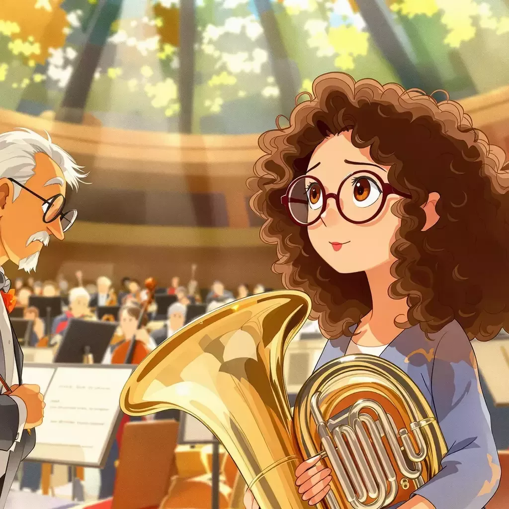 A vibrant orchestra hall with musicians warming up, focusing on Zara, a young woman with curly brown hair and glasses, holding a tuba. She looks hopeful as she speaks to the conductor.