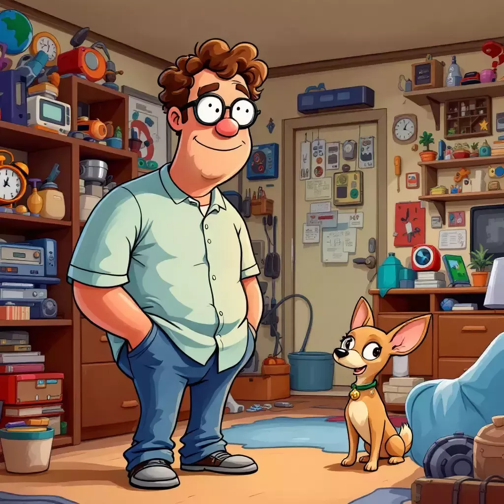 Bob, a tall man with curly brown hair and glasses, stands in his cluttered living room filled with bizarre gadgets and knick-knacks. Next to him is his tiny chihuahua, Max, with large ears and a curious expression.