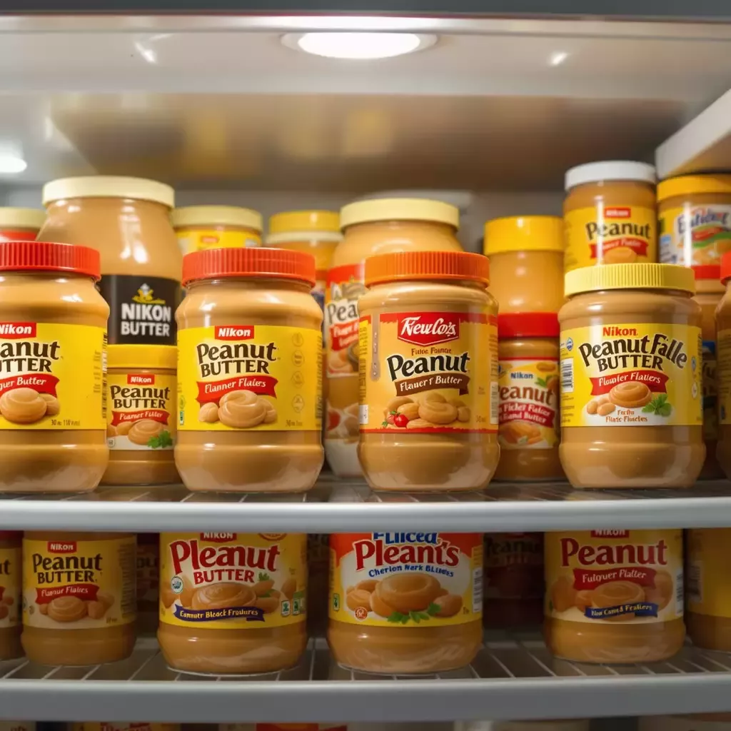 Close-up of the refrigerator interior, showing it completely filled with peanut butter jars. Each jar is labeled with different flavors. The scene is humorous, emphasizing the abundance of peanut butter.