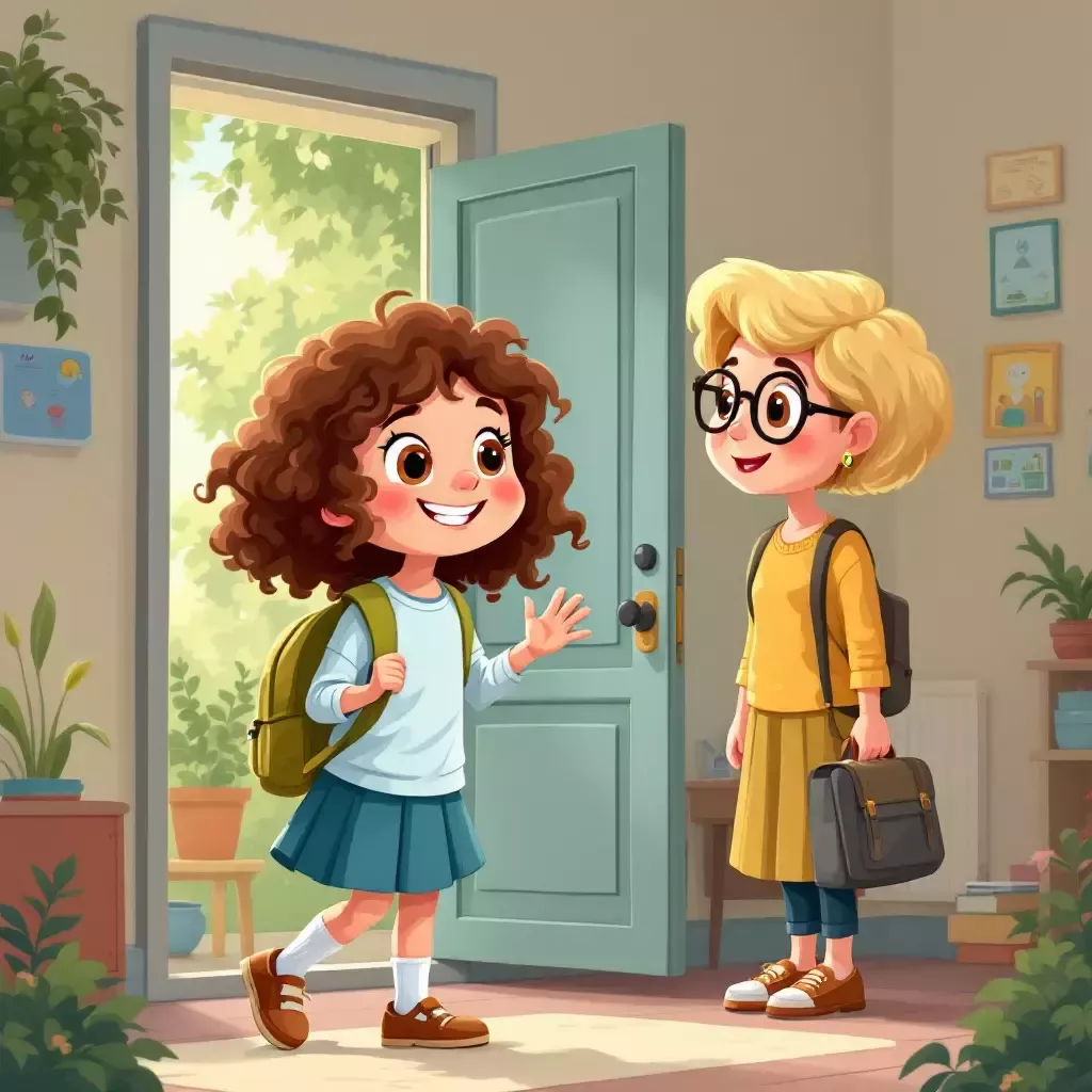The young girl is now dressed in her school uniform, looking cheerful and ready. She waves goodbye to her mom at the door, her backpack slung over her shoulder.