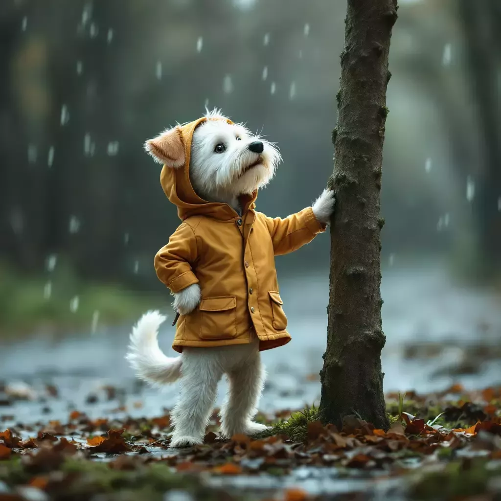 Bing, wearing a raincoat, is standing on 3 legs and lifting his hind leg to pee on a tree