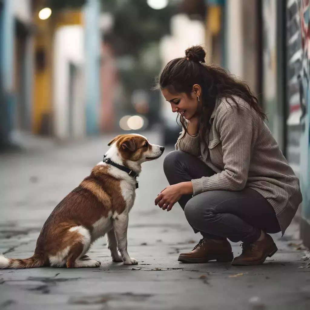 A kind woman kneeling down to pet Bing in the streets of Tijuana, with Bing cautiously wagging his tail.