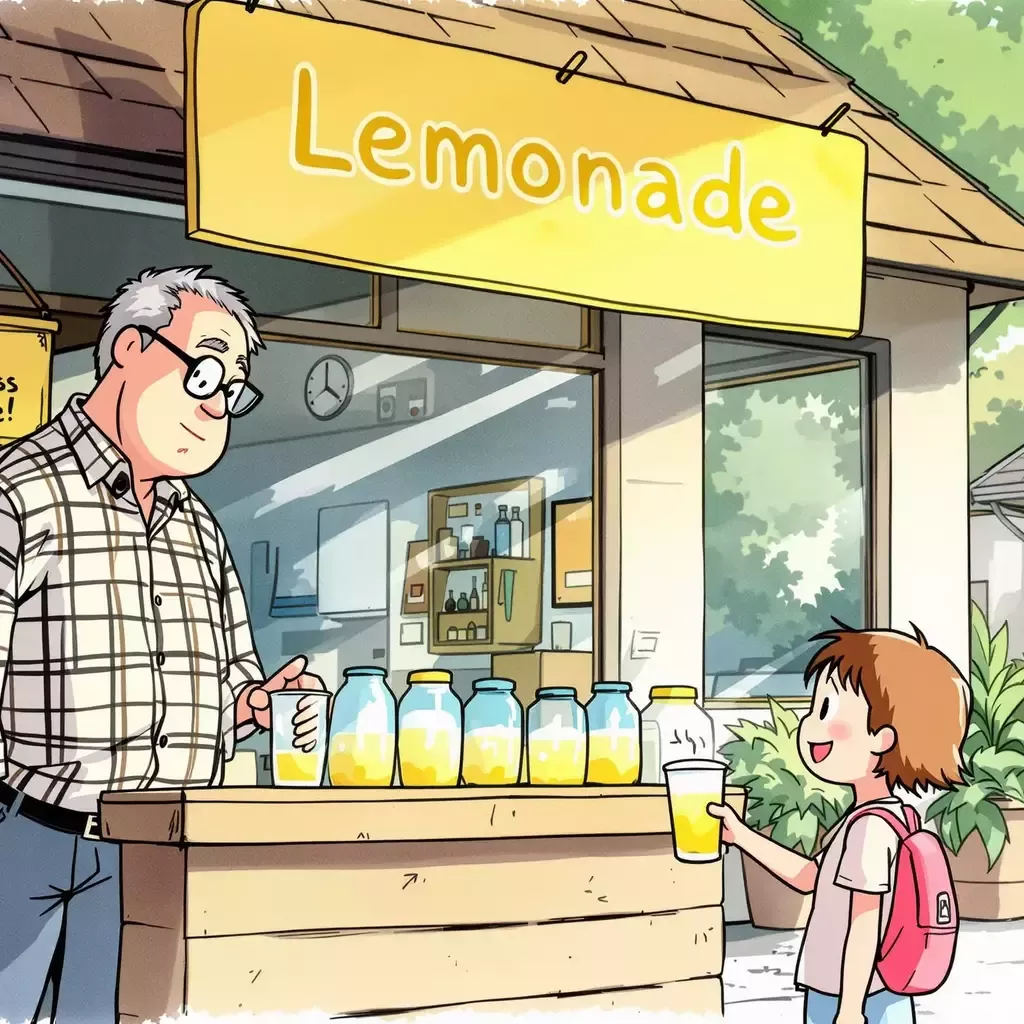 Back at the auto glass repair shop, the shop owner has set up a lemonade stand in front of his shop with a sign: 'New Business Venture!' A young child is buying lemonade, smiling.
