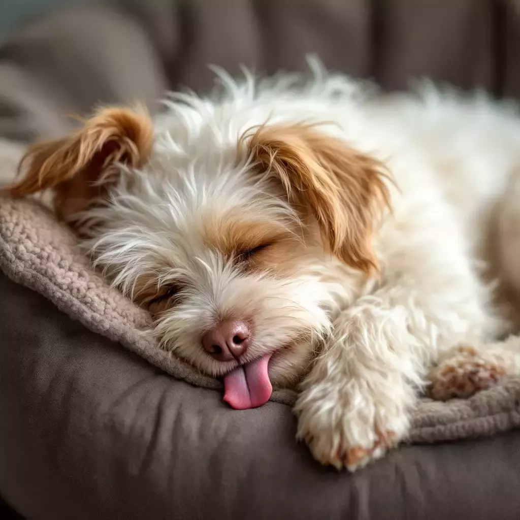 Bing, a scruffy white dog with tan floppy ears and a long tongue, is napping peacefully on a cozy dog bed.
