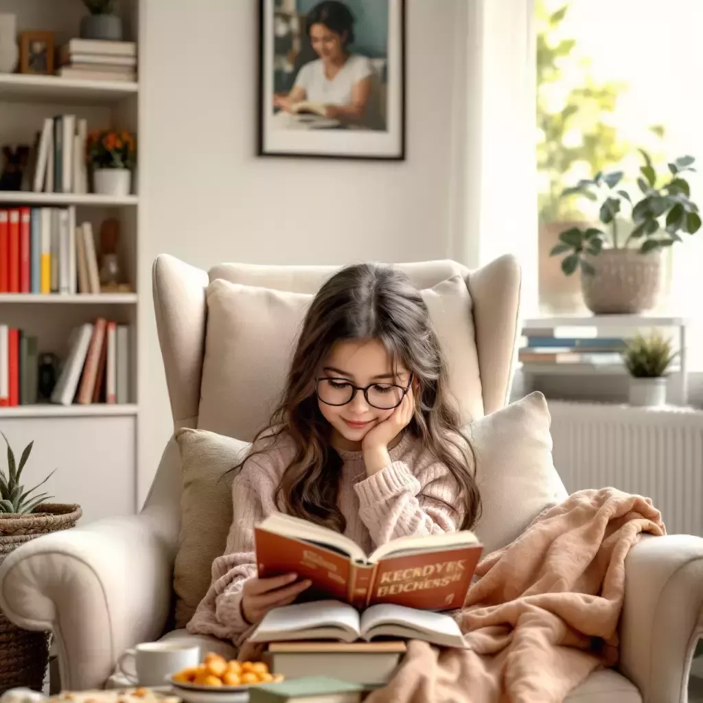 A cozy living room with Lena sitting in a plush armchair, engrossed in a book, surrounded by books and snacks.
