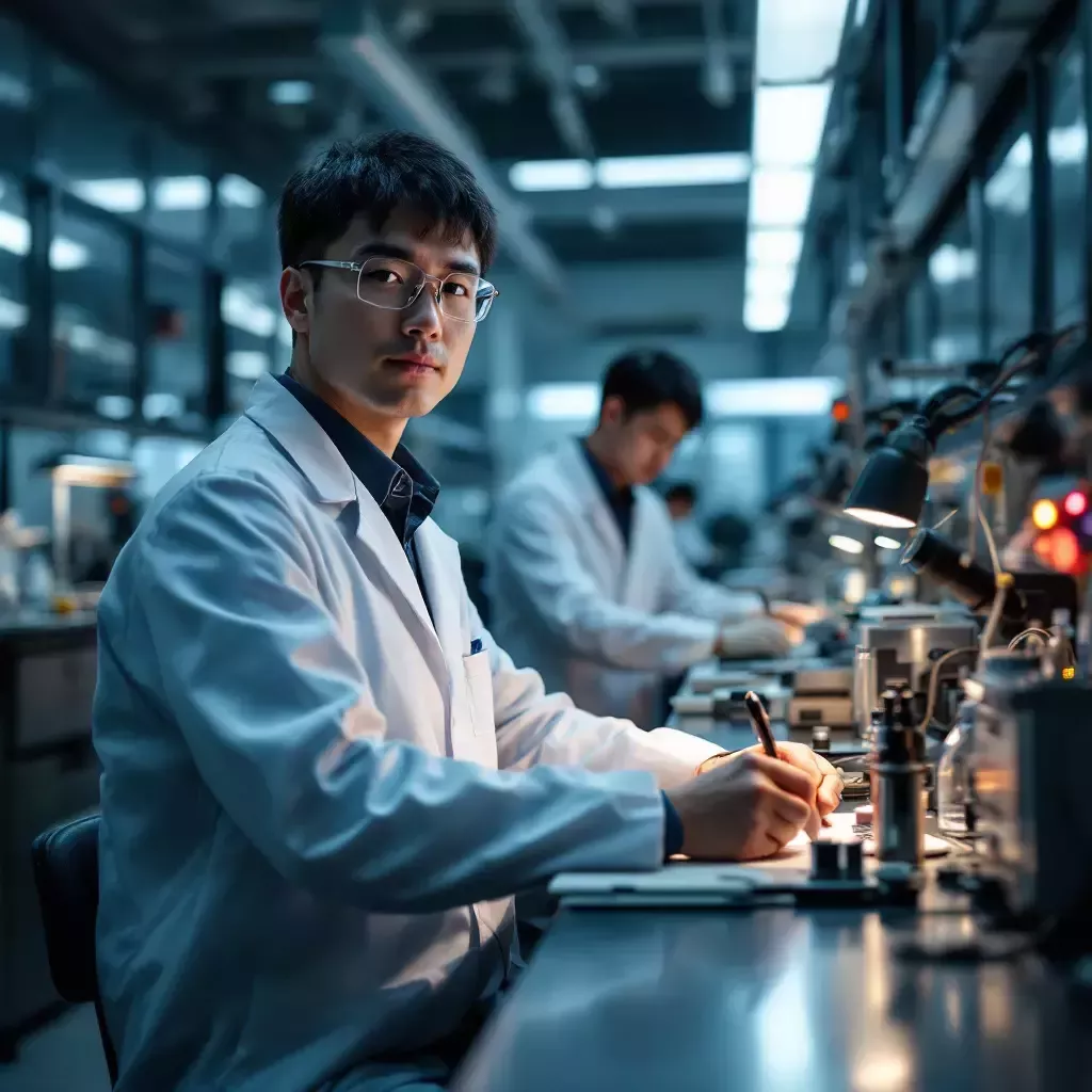 A high-tech laboratory in China with scientists working on a mysterious project labeled 'Made in China'.
