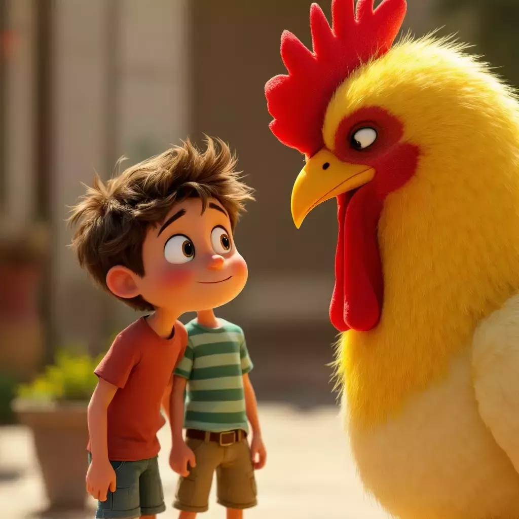 Close-up of Frank looking bewildered, while Ralph gives him a friendly nudge. The chicken stands beside them, looking proud.