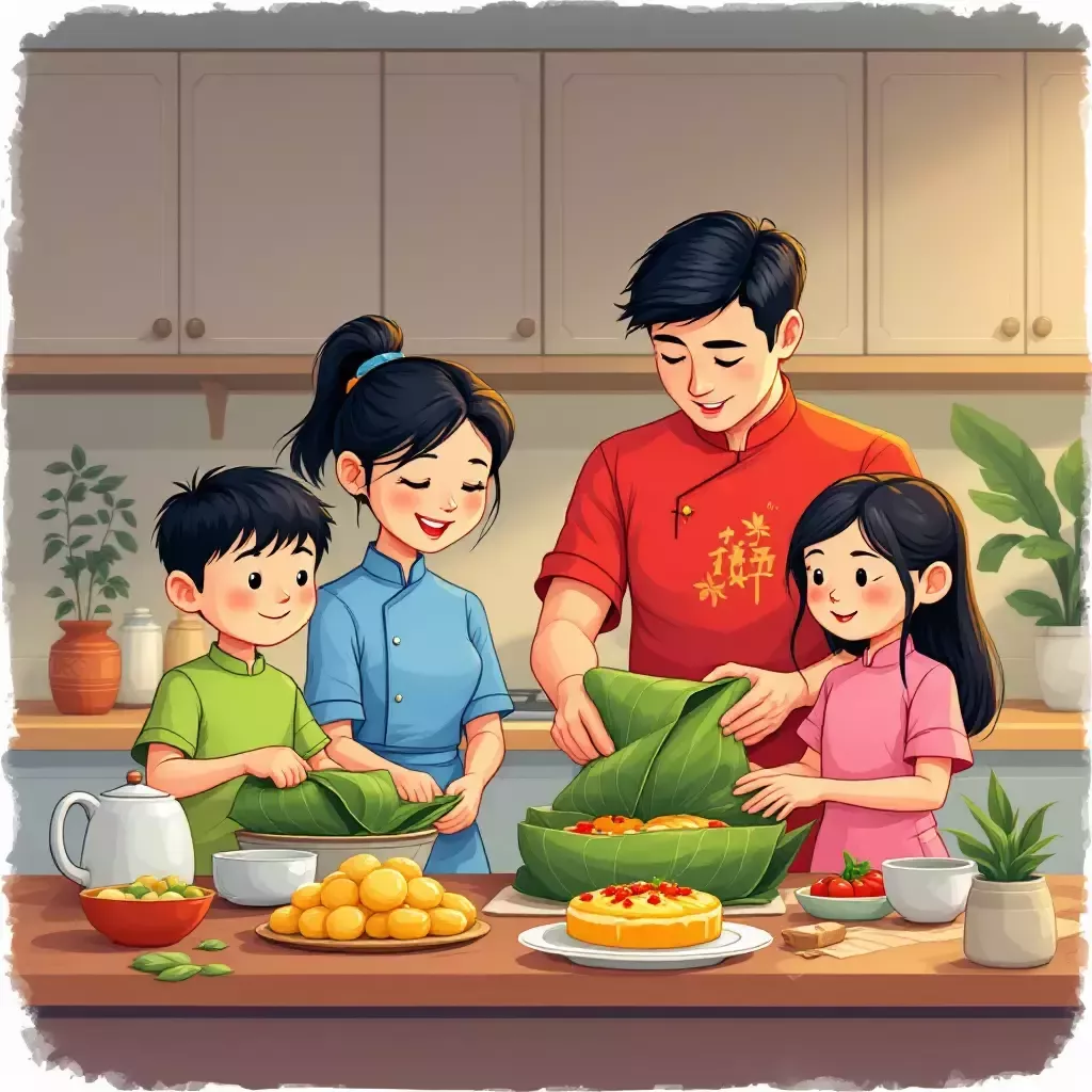 A family of four, two parents and two children, are preparing a festive meal together in their kitchen. They are wrapping Banh Chung, a traditional Vietnamese cake, in banana leaves.