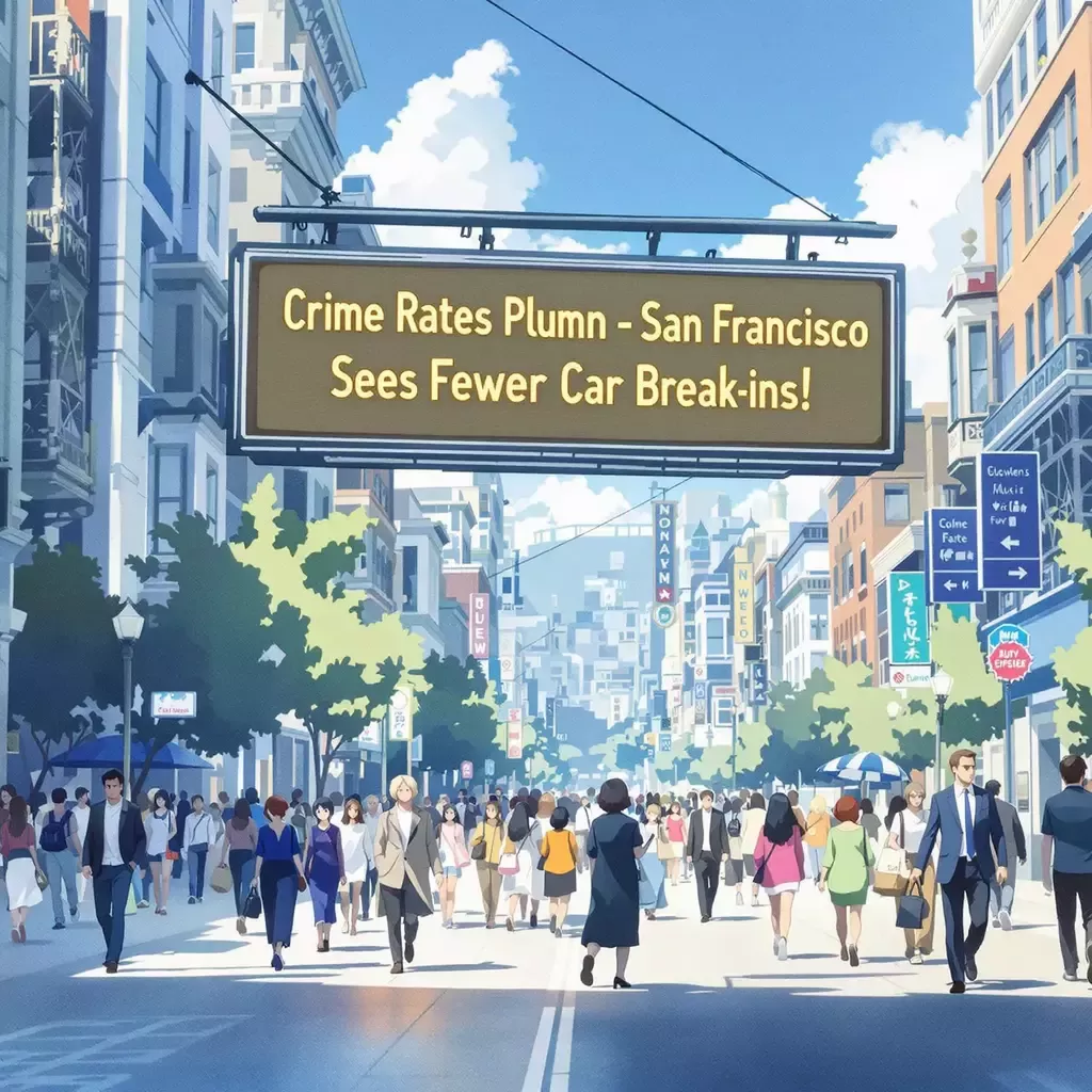 A bustling street in San Francisco with people walking around, happy and relaxed. A digital sign displays the headline: 'Crime Rates Plummet - San Francisco Sees Fewer Car Break-ins!'