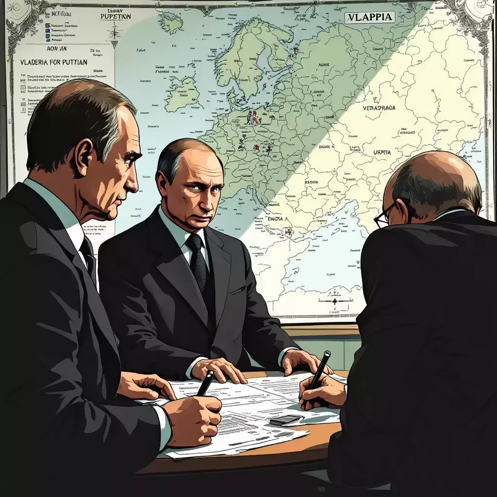 Vladimir Putin is examining a globe in a modern office.