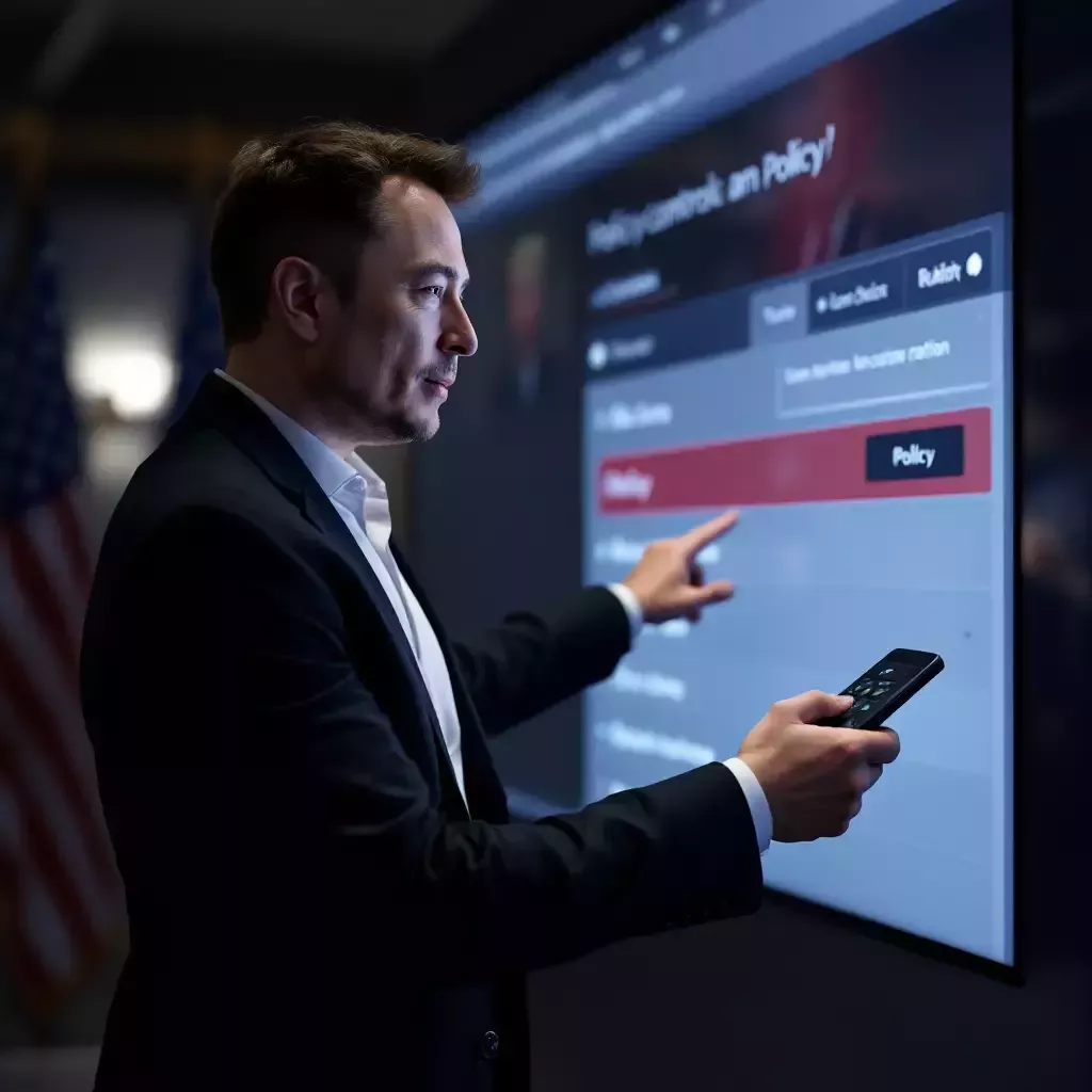 Elon Musk demonstrates the remote control, pointing it at a large screen showing different policy options.