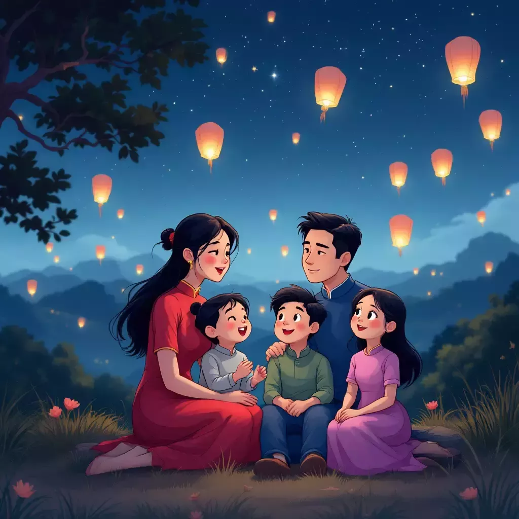 The night ends with the family sitting together under the stars, enjoying the calm after the festivities. Lanterns float in the distance across the night sky.