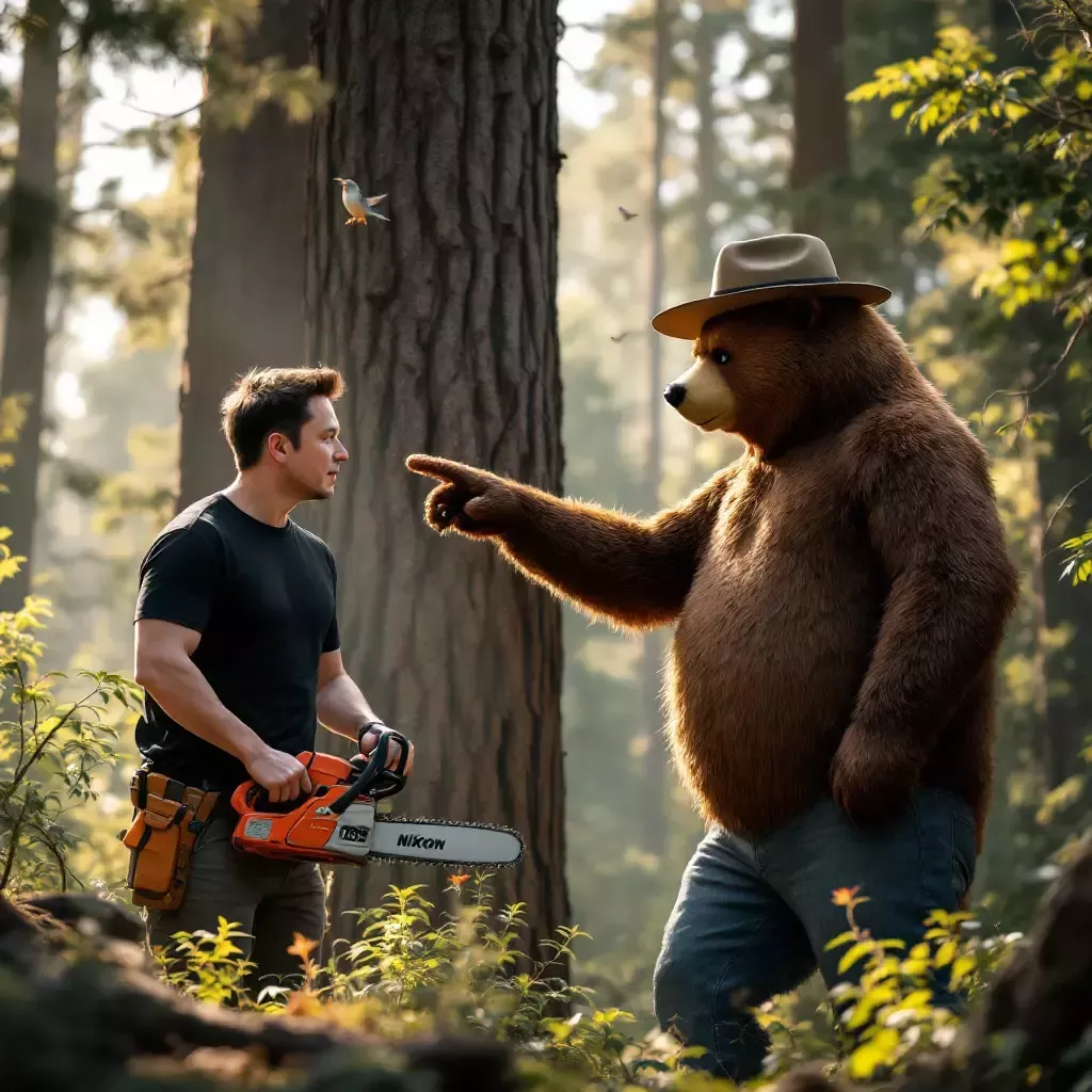 Elon Musk looks sheepish, lowering the chainsaw. Smokey Bear points towards a tall tree. The forest around them remains serene with birds chirping.