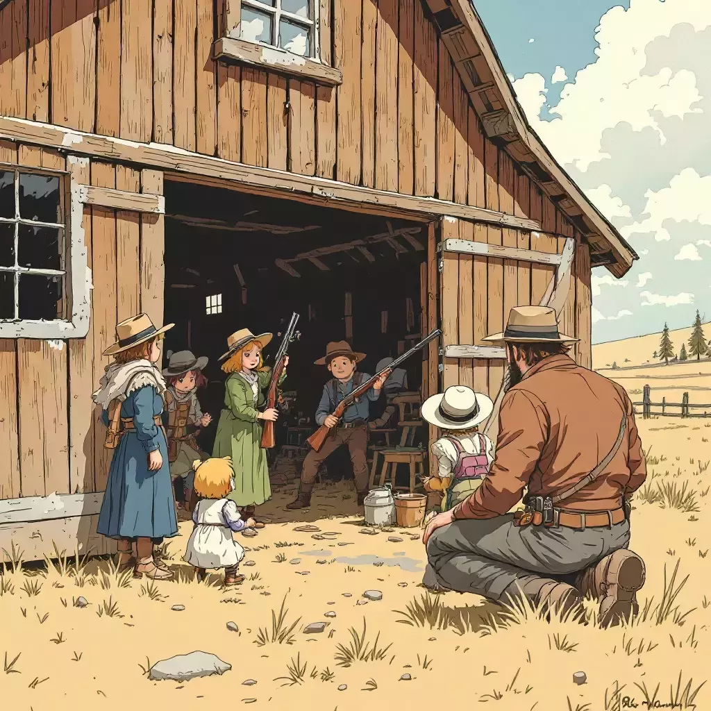 American citizens are seen with Winchester rifles, defending their homesteads.