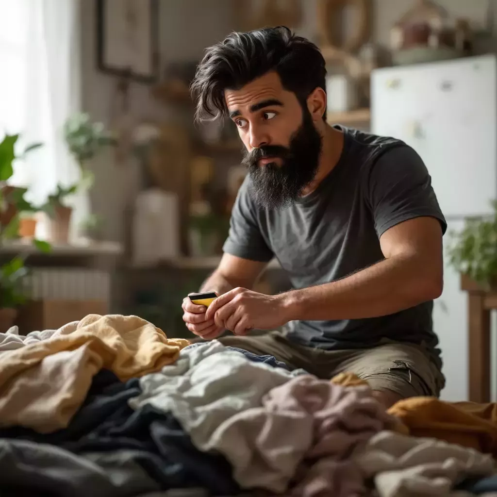 Daddy slyly tucks the credit card under a pile of clothes while looking around to make sure Mommy doesn't see.