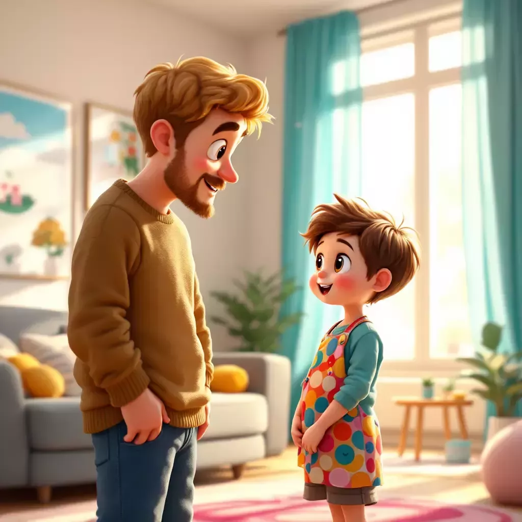 A young boy, Billy, with short brown hair and bright eyes, is standing in a cheerful living room, holding a colorful dress and looking at his father.