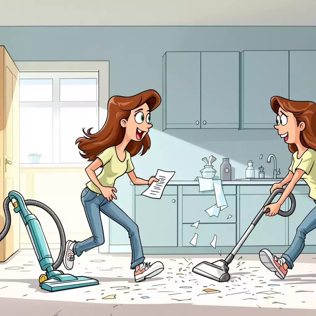 The two women, the original and her clone, are running around the house. One is vacuuming while the other is dusting, both with exaggerated energy and determination.