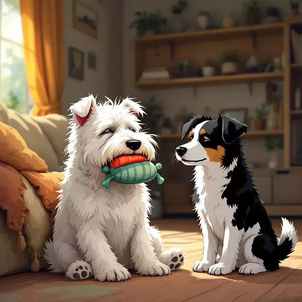 Scruffy white terrier named Bing is sitting in the living room holding a squeaky toy in his mouth, looking content. A playful black and white cattle dog named Maggy is standing nearby, eyeing the toy.