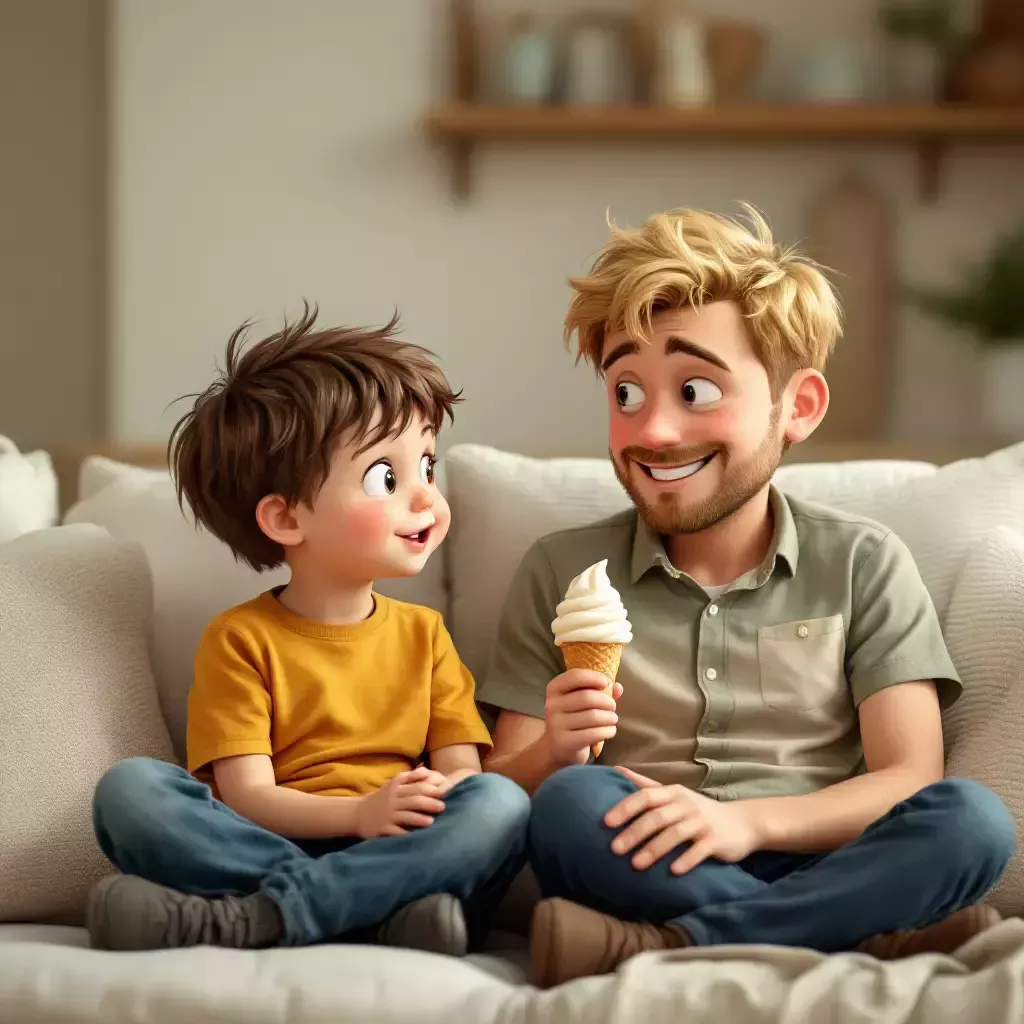 Billy and Daddy are sitting on the couch. Daddy tries to smile reassuringly but looks a bit nervous. Daddy is holding an ice cream cone.