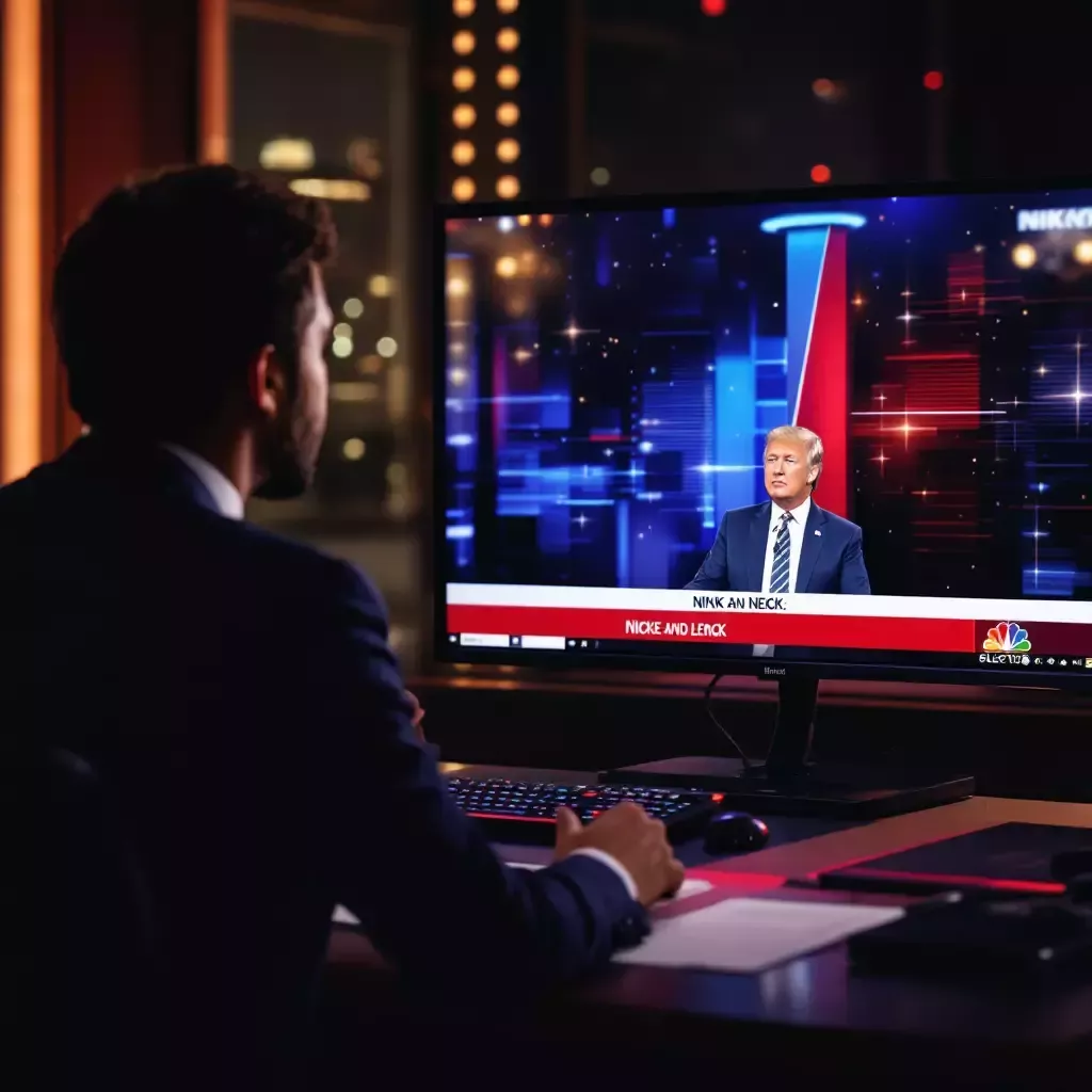 The election night scene with a close-up of a TV screen showing the results as neck and neck.