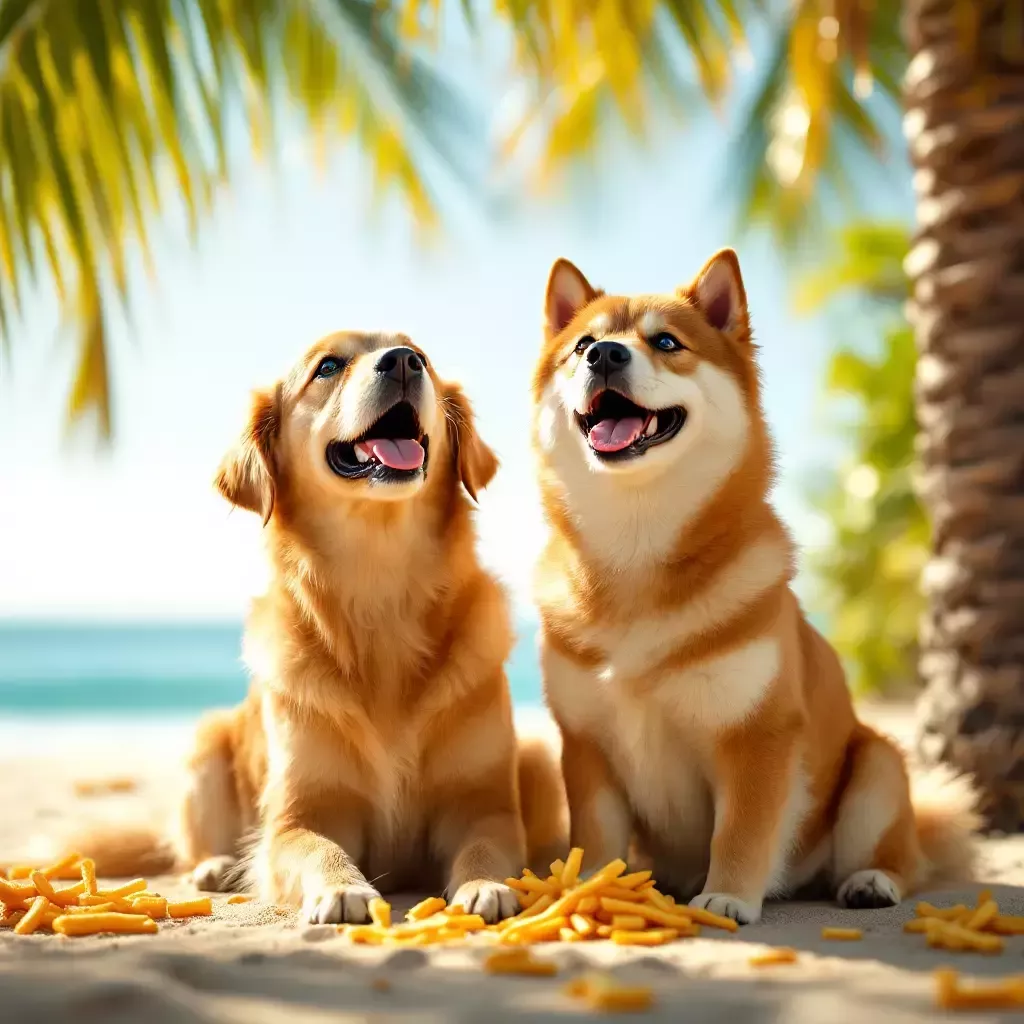 The dogs are happily munching on leftover fries while sitting under a palm tree.