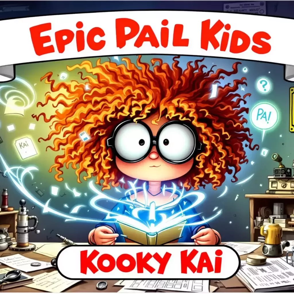 A banner at the top says "Epic Pail Kids". It has a white border. A title at the bottom says "Kooky Kai".
GPK-style card featuring "Kooky Kai". Kai is a quirky, imaginative girl with wild, curly red hair and oversized glasses. She's surrounded by a whirlwind of papers, books, and gadgets. Her wide eyes are focused on a levitating book that's glowing with a mysterious light. The background shows a cluttered desk with various inventions and a sign that reads "Kooky Kai's Krazy Kontraptions".