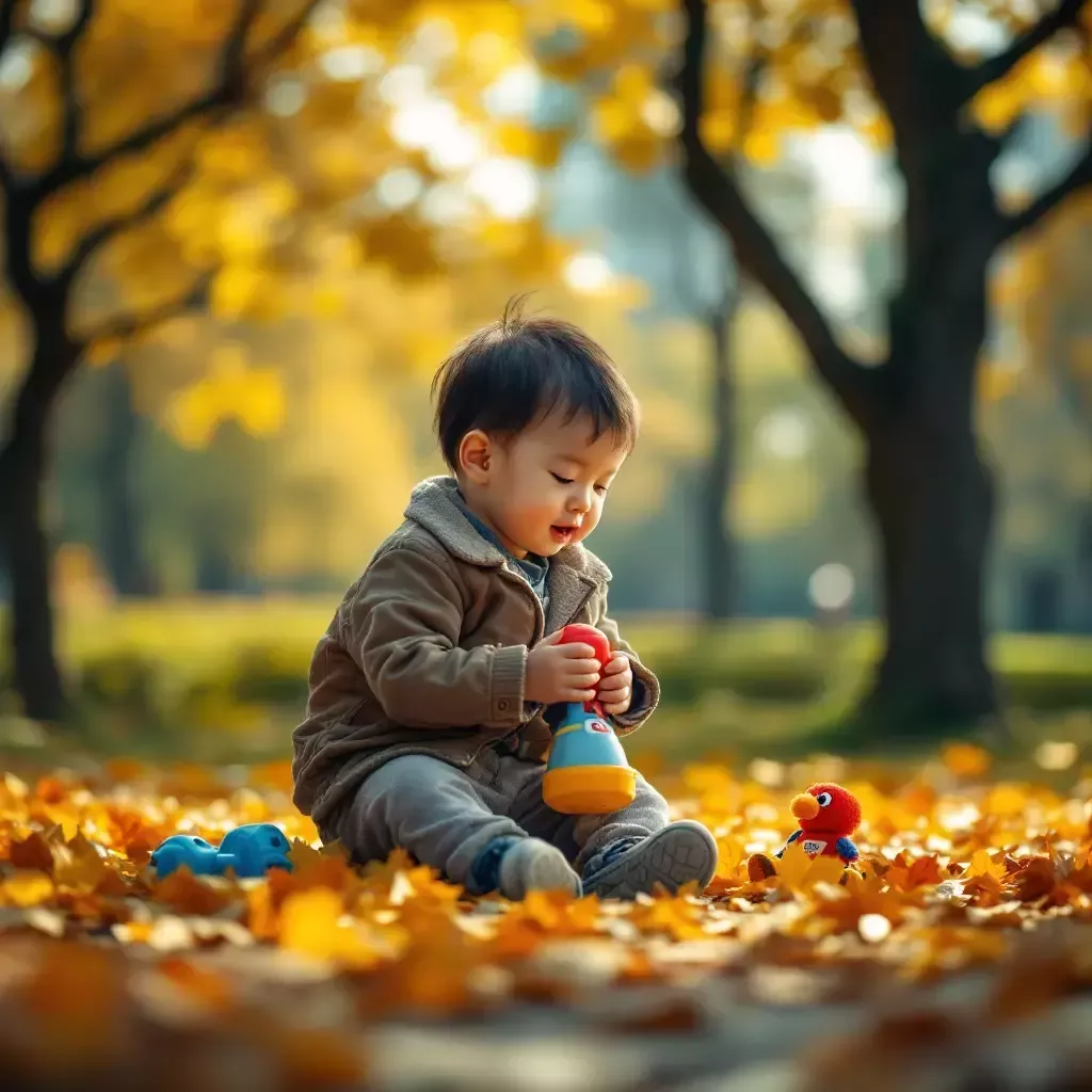 A child in a park playing with a toy labeled 'Made in China,' oblivious to the global turmoil.