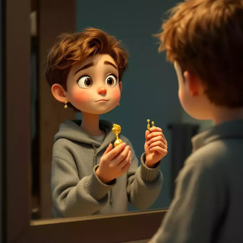 Billy stands in front of a mirror, holding a pair of earrings with a determined expression, trying to imagine how he would look wearing them.