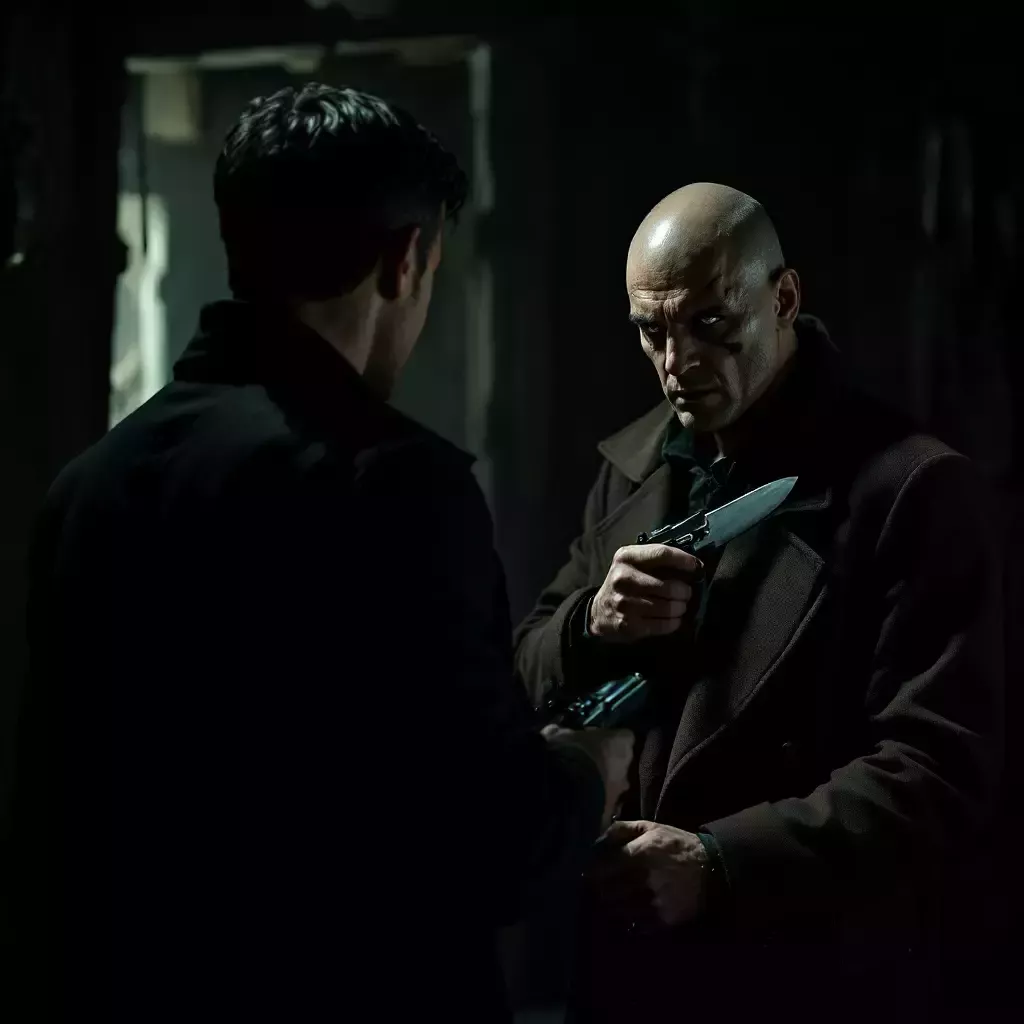 Inside a dimly lit shack, Ivan confronts Boris Ivanov, a menacing figure. Boris holds a knife while Ivan grips a concealed pistol.