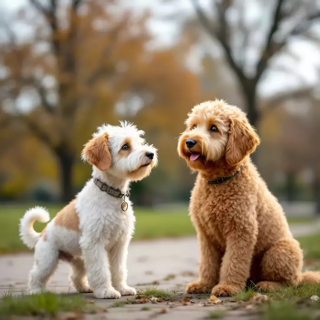 Bing, a scrufy white terrier with tan floppy ears, wags his tail and gives a friendly hello to the large labradoodle with tan curly hair.  The park is in the background.