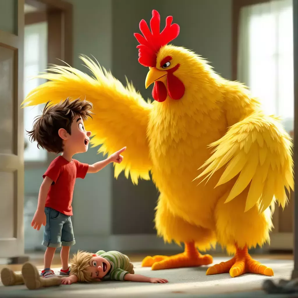 The giant chicken points a feathery wing at Frank. Ralph is rolling on the floor with laughter in the background.