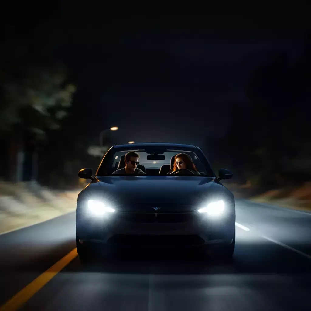 The car is shown from outside, speeding along a dark road. The headlights illuminate the path ahead, but there's a sharp turn coming up.