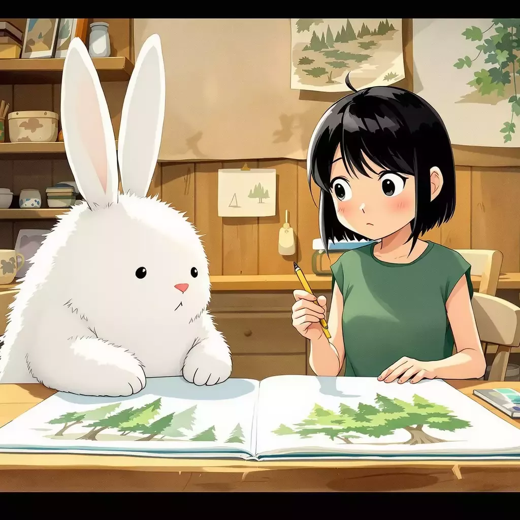 Minaro and Uki are sitting at a wooden table in a cozy, rustic room filled with sketches and art supplies. Uki is holding a pencil, her sketchbook open to a drawing of a forest. Minaro looks at the drawing with wide, curious eyes.