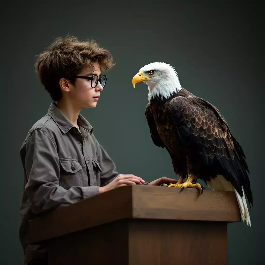 The young inventor places a real bald eagle on the podium.