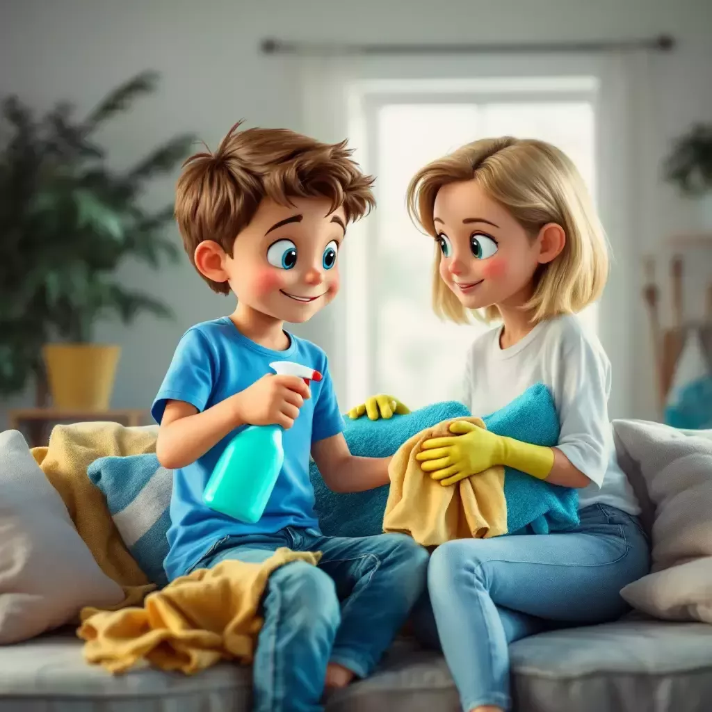 Billy holds a cleaning spray and rag, cleaning the sofa under Mommy's supervision.