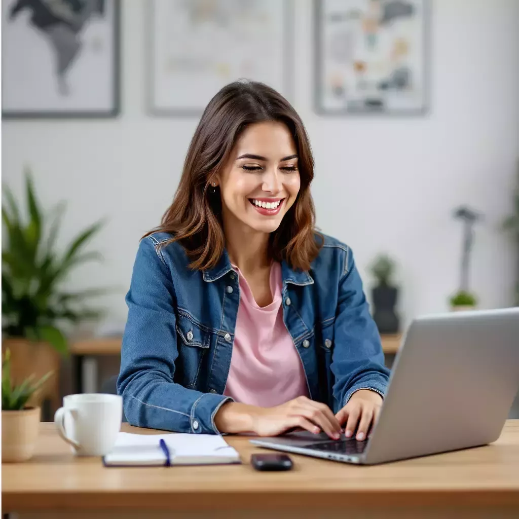 Carrie is sitting at her desk, enthusiastically typing on her laptop while smiling. The desk is organized with a coffee mug, a notebook, and a small potted plant. She wears a pink shirt with a jean jacket.