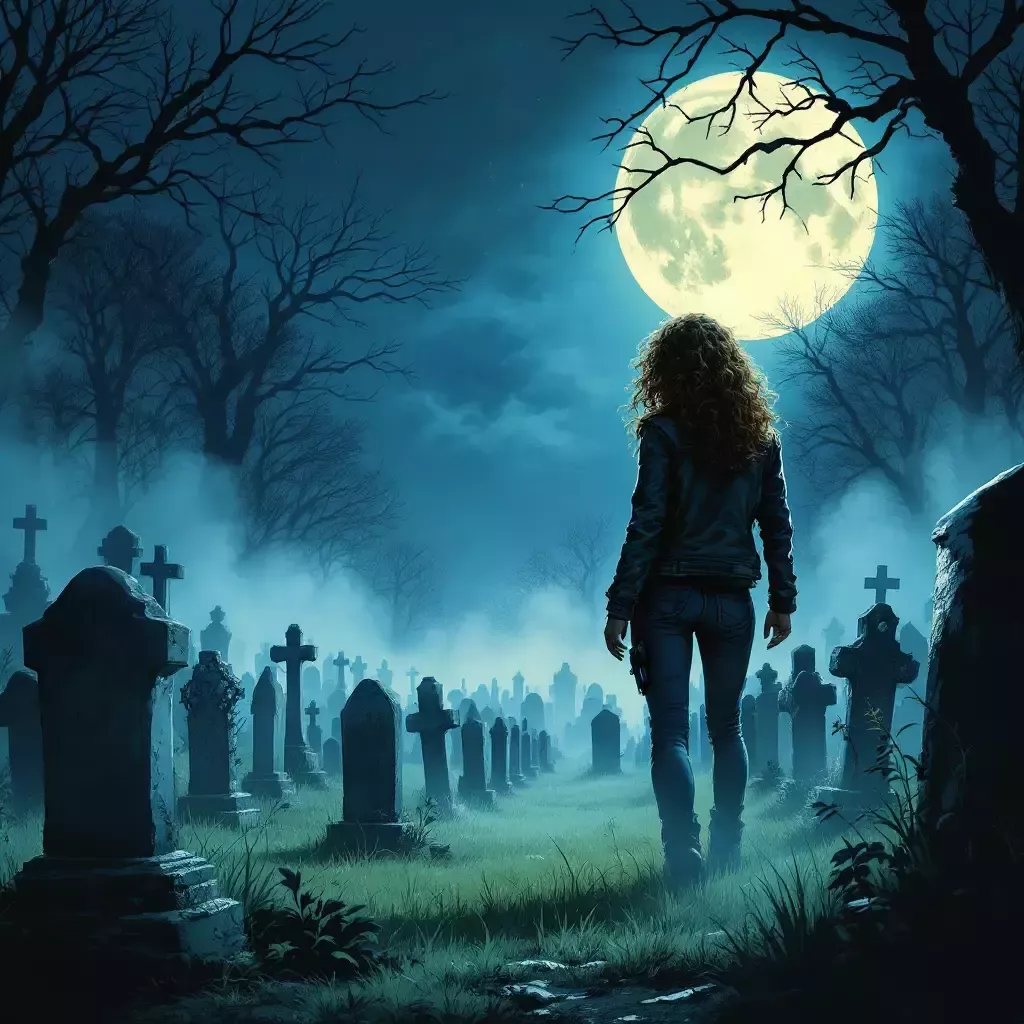 A moonlit cemetery with rows of tombstones, a gentle mist adding an eerie atmosphere.