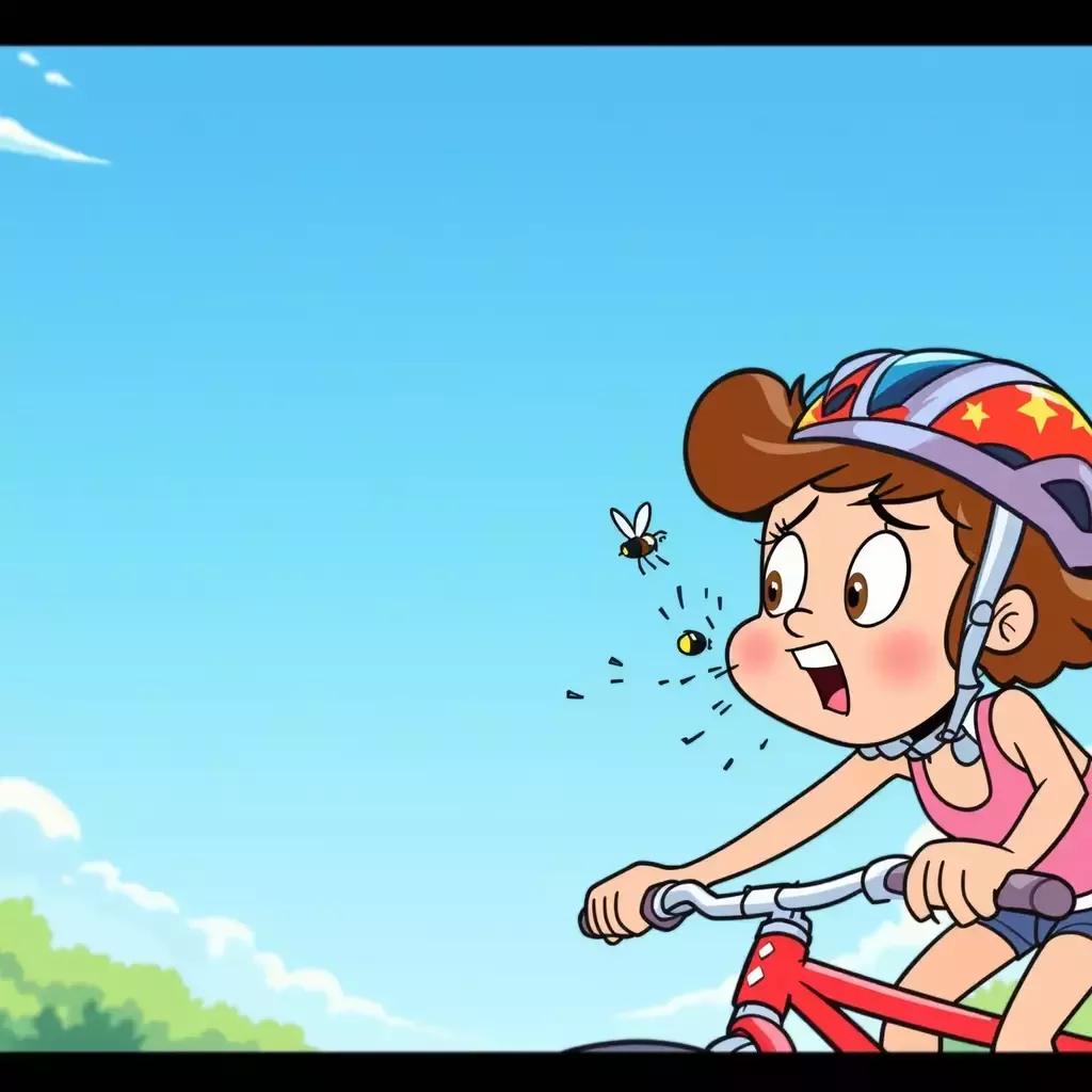 Lucy hopping off her bike, comically coughing and spitting, trying to get the fly out of her mouth. Her face is a mix of shock and amusement.
