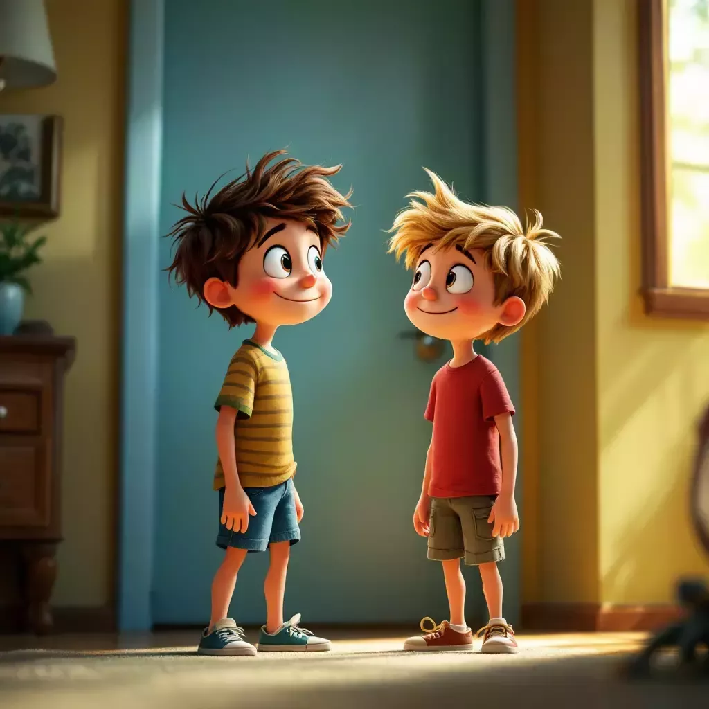 Suddenly, there's a loud 'KNOCK KNOCK' sound effect. Both boys turn towards the door with wide eyes.